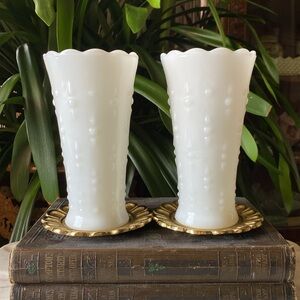 Vintage Pair of Anchor Hocking Milk Glass Teardrop & Pearl Scalloped Vases Set